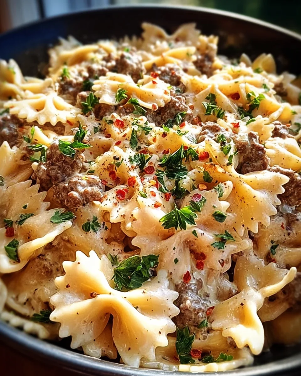 Beef and Bowtie Pasta with Alfredo Sauce