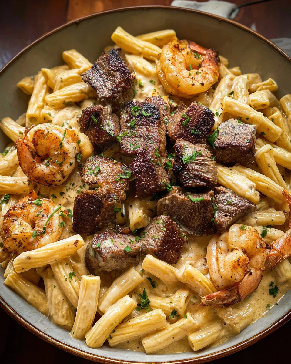 Blackened Steak and Shrimp Alfredo