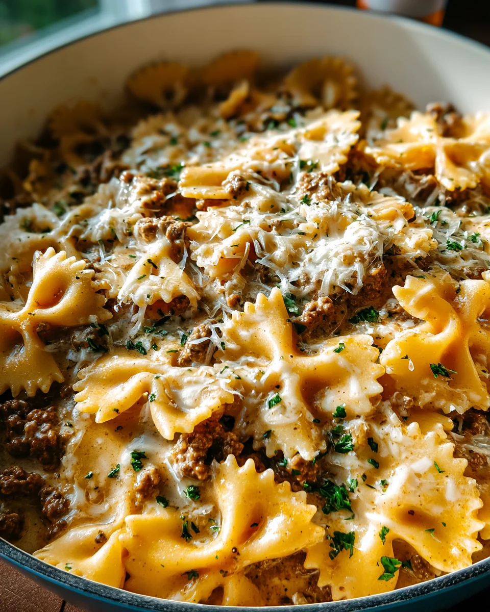 Cheesy Beef and Bowtie Pasta in Garlic Butter