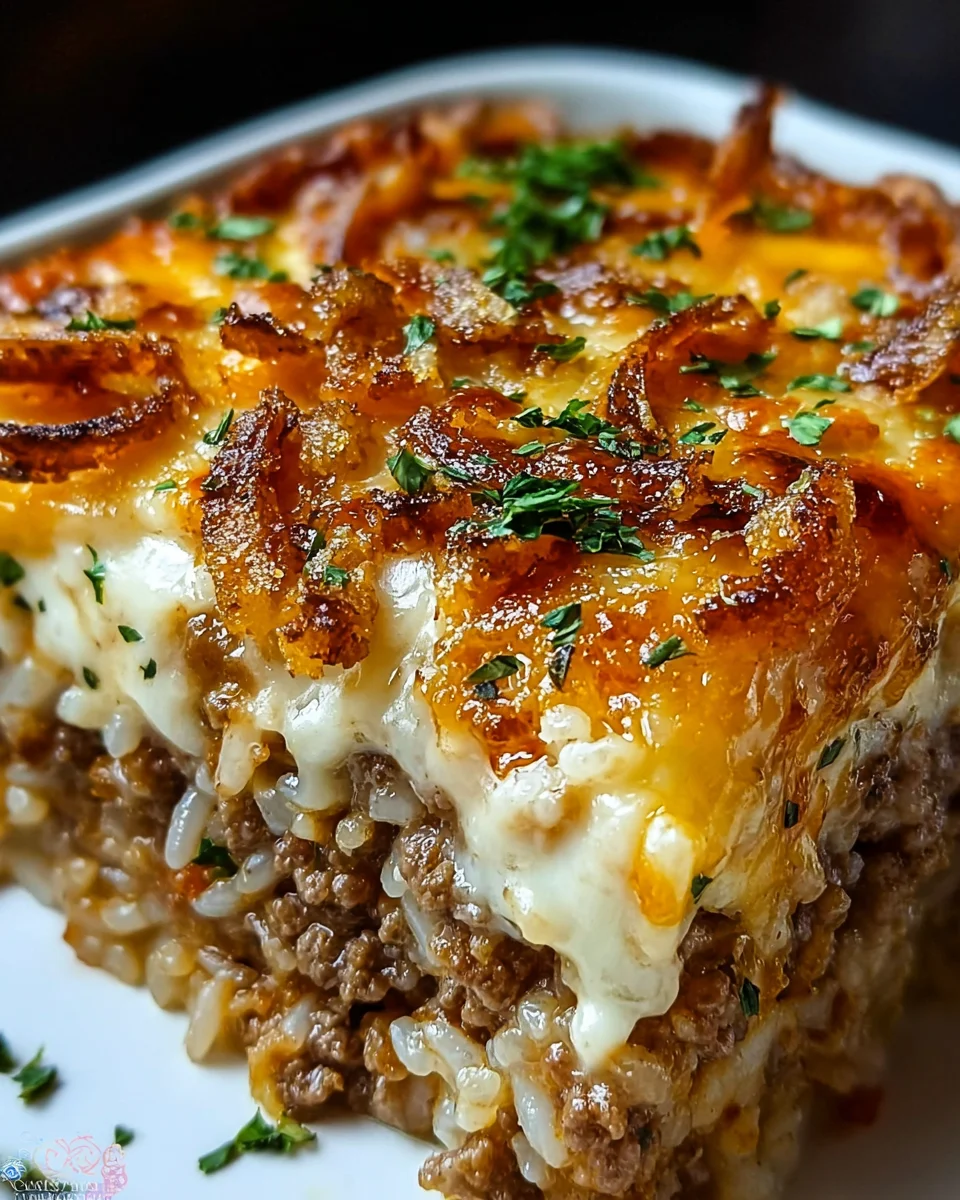 French Onion Ground Beef and Rice Casserole