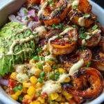 Grilled Shrimp Bowl with Avocado, Corn Salsa & Creamy Garlic Sauce