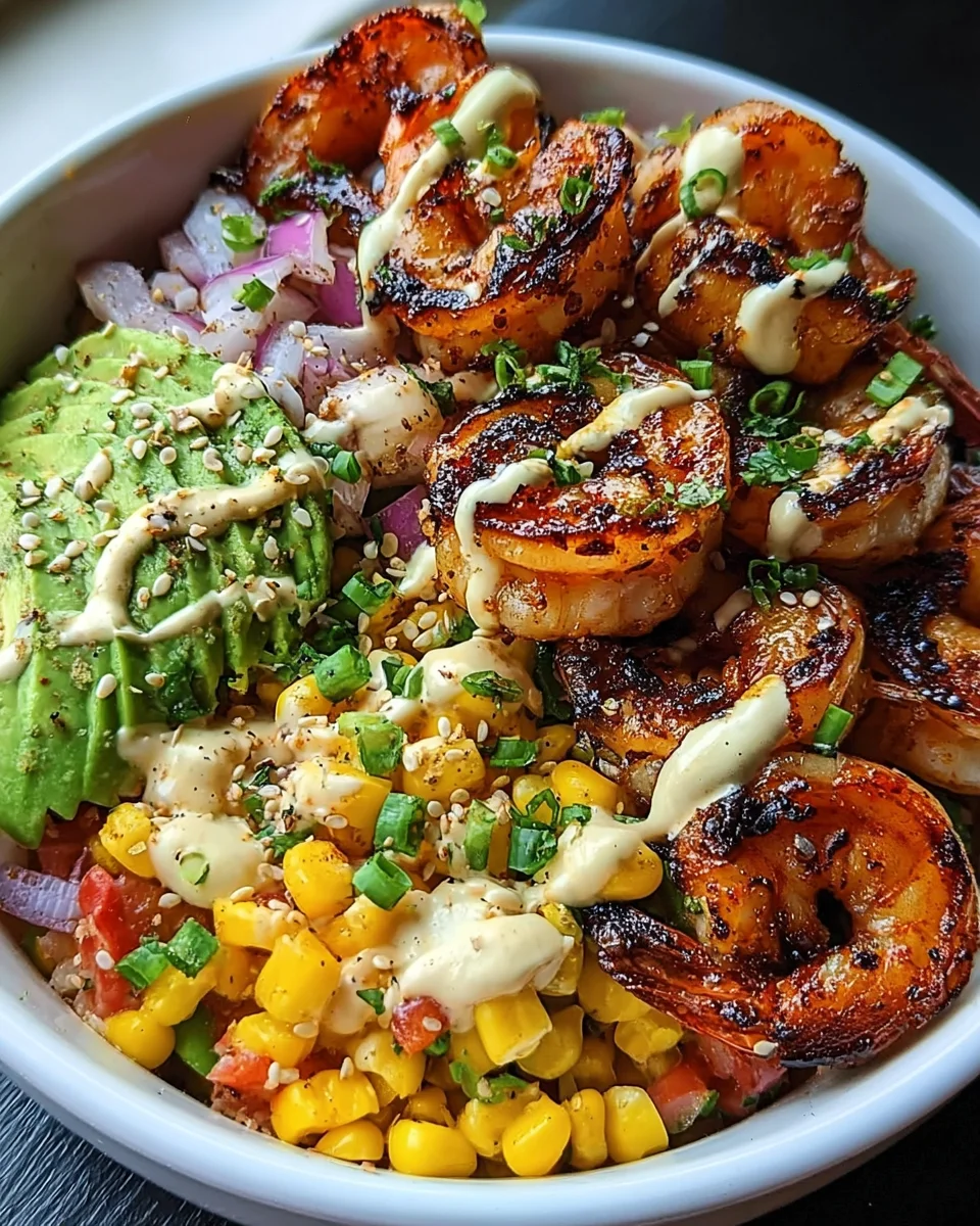 Grilled Shrimp Bowl with Avocado, Corn Salsa & Creamy Garlic Sauce