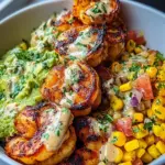 Grilled Shrimp Bowl with Avocado, Corn Salsa & Creamy Sauce