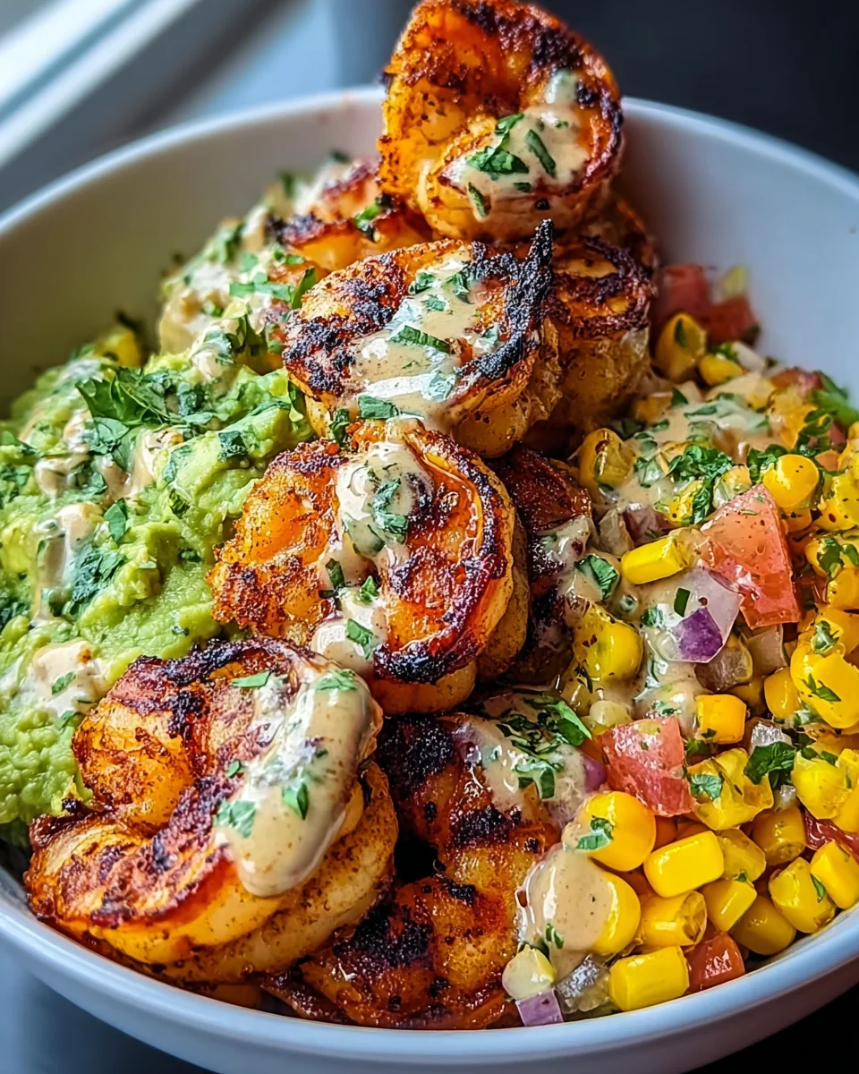Grilled Shrimp Bowl with Avocado, Corn Salsa & Creamy Sauce