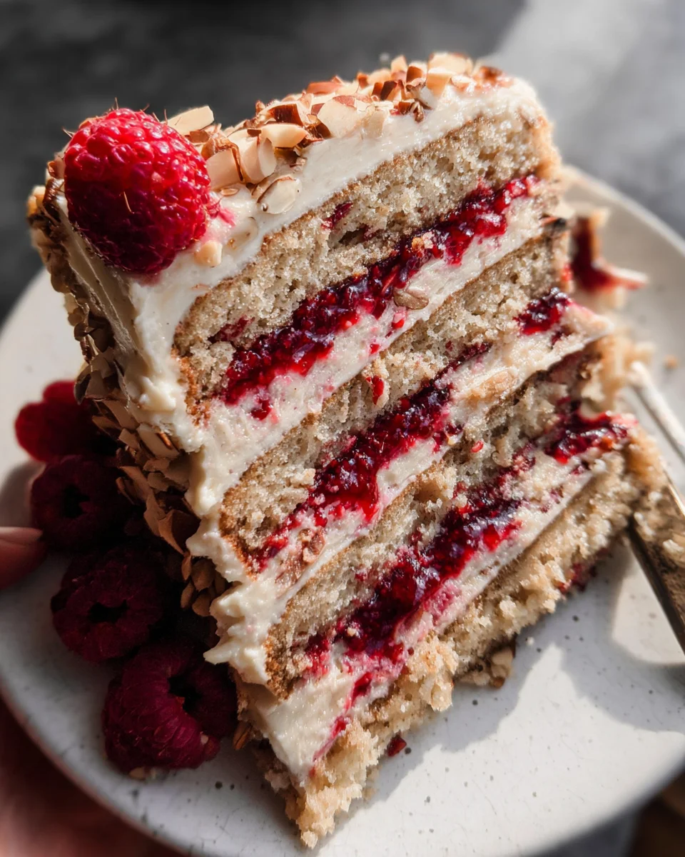 One Bowl Vegan Almond Raspberry Cake with Cream Cheese Frosting