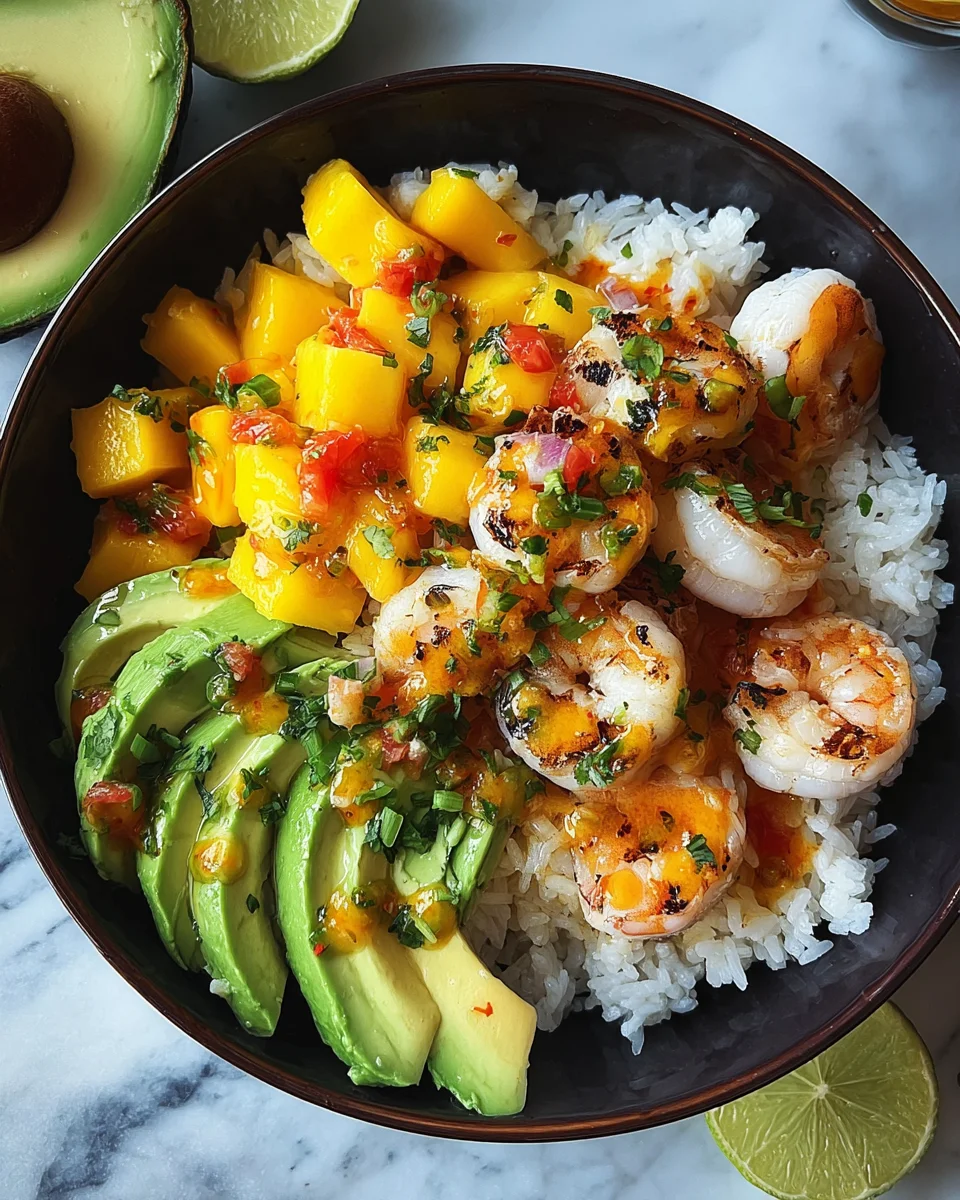 Shrimp and Avocado Bowls with Mango Salsa & Lime-Chili Sauce