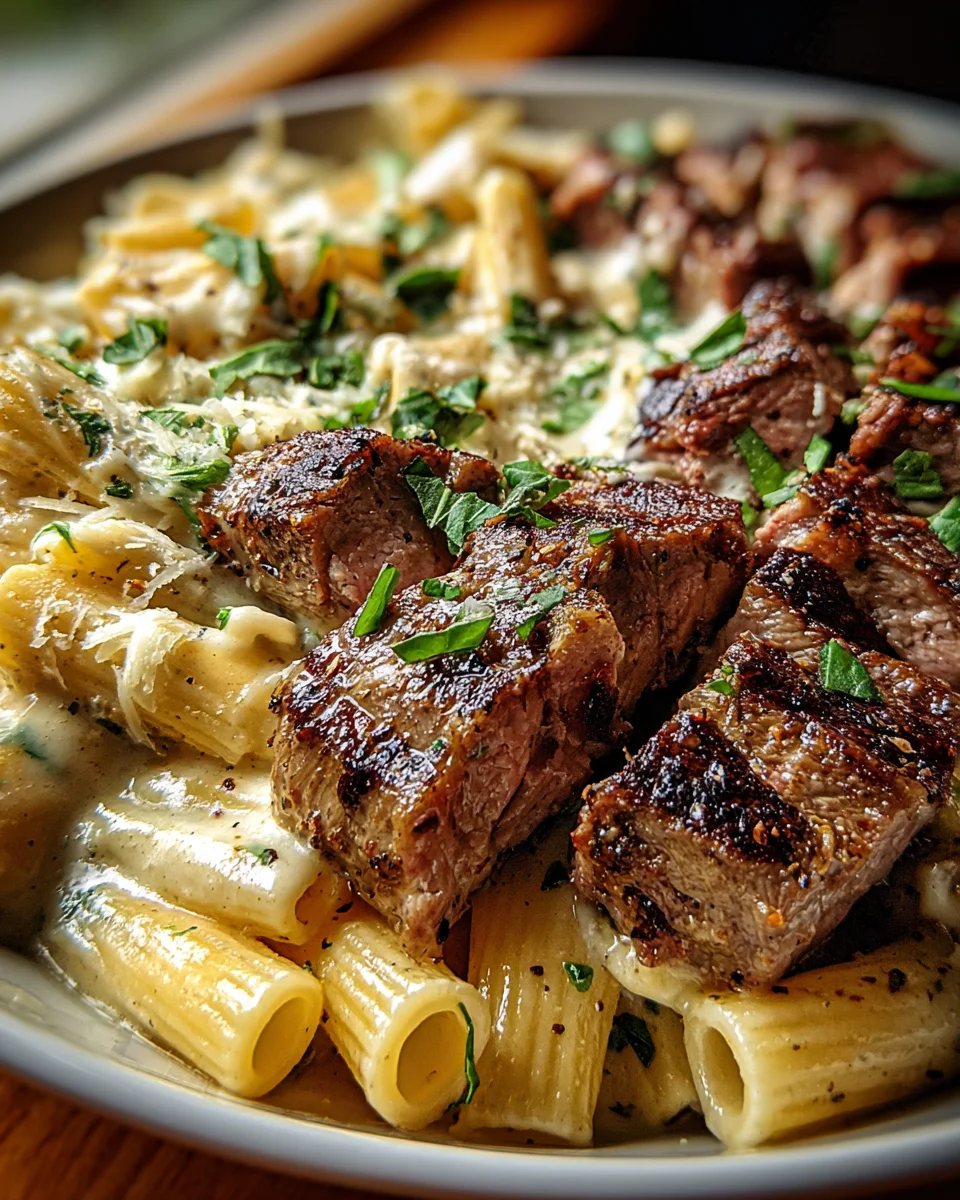 Steak and Creamy Garlic Parmesan Pasta