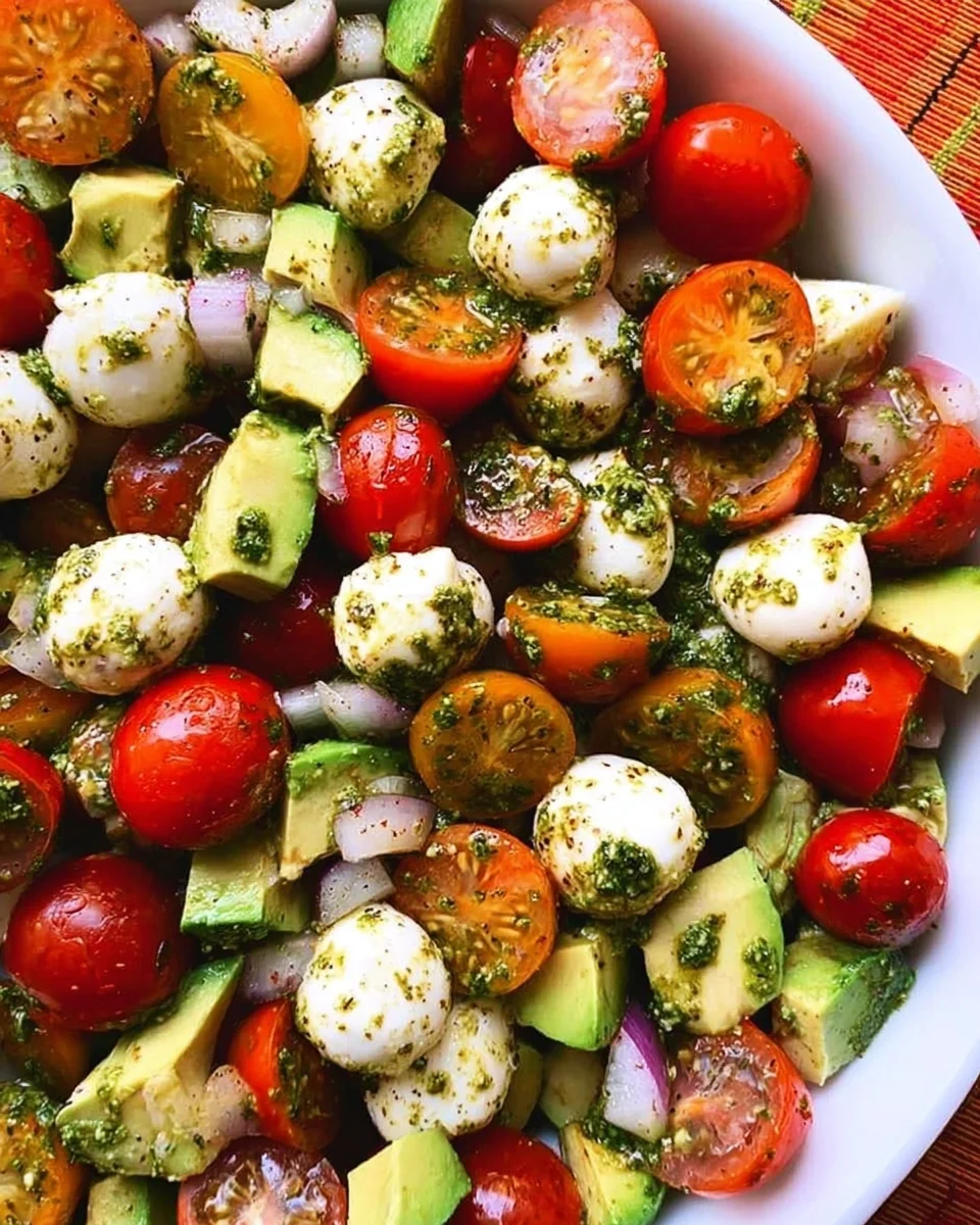 Tomato Cucumber Avocado Salad with Mozzarella and Basil Pesto
